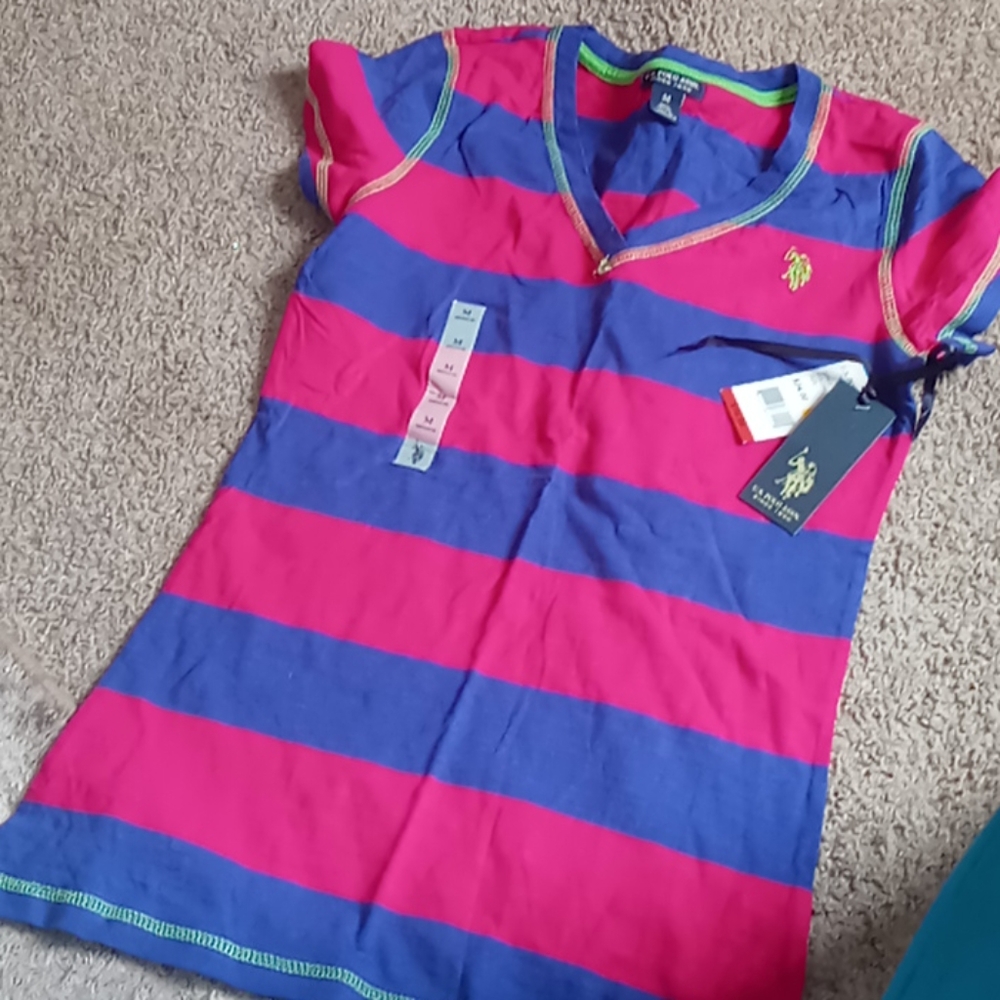 Polo shirt, pink and dark purple.